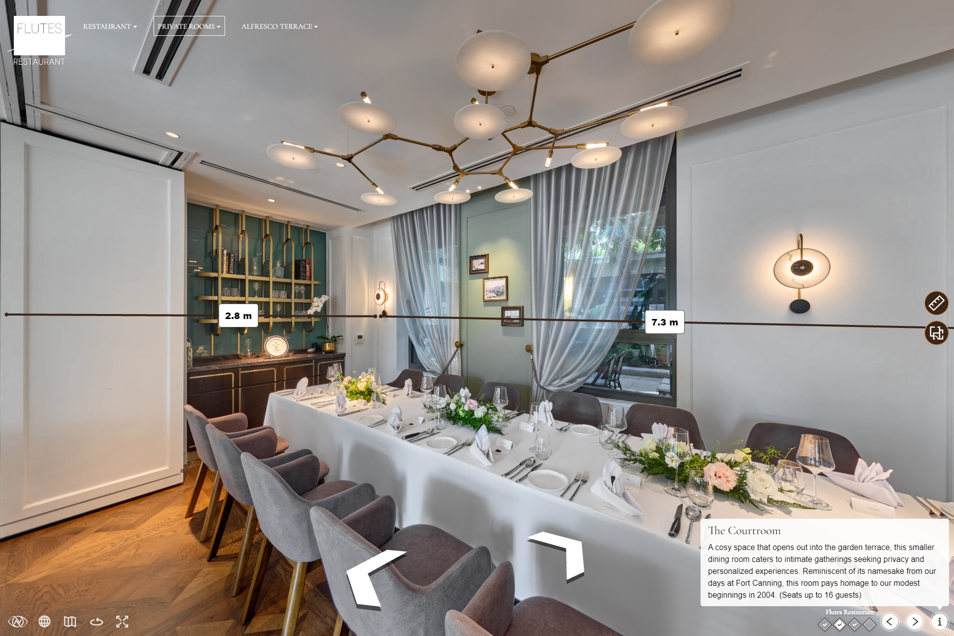 Flutes Restaurant virtual tour with measurement tool showing room dimensions