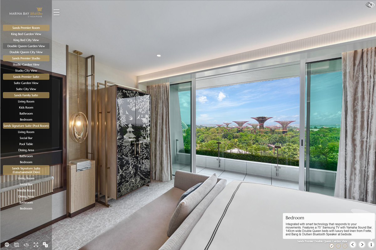 Marina Bay Sands virtual tour showing open/close wardrobe feature with minibar contents